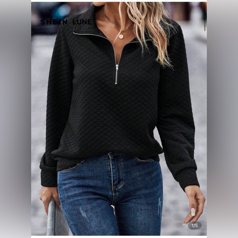 SHEIN Black Quilted Zip-Up Sweatshirt